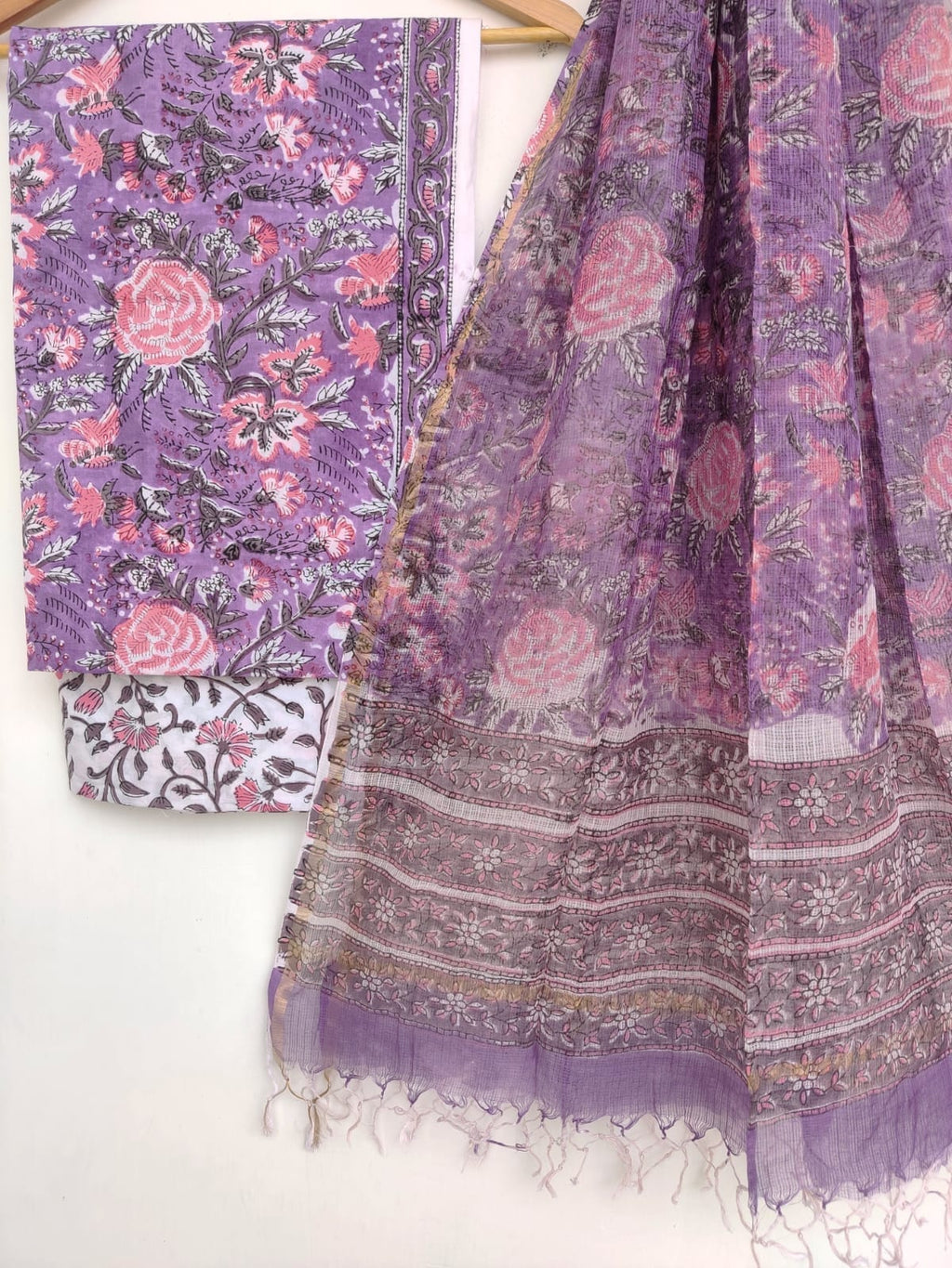 Hand Block Printed Cotton Suit with Cotton Kota Doria Dupatta Purple Pink
