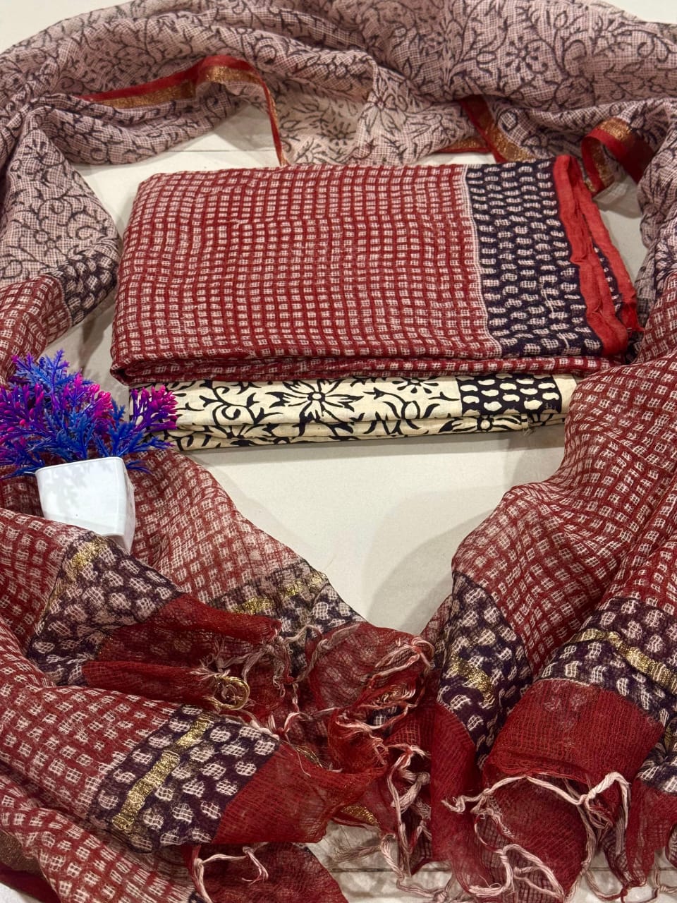 Hand Block Printed Full Kota Suit Fav Maroon
