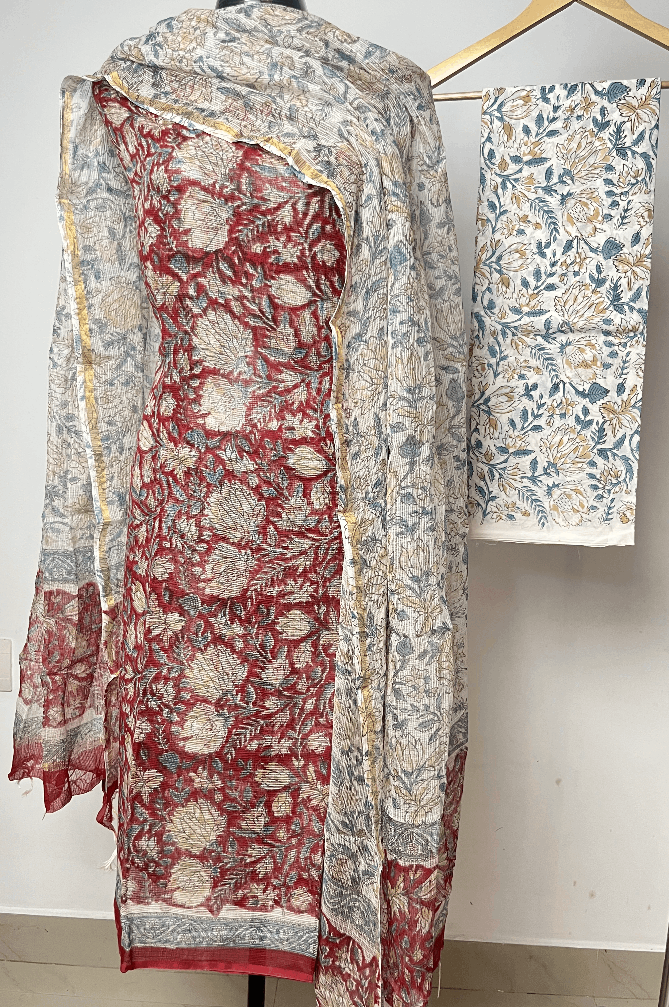 Hand Block Printed Full Kota Suit Red Flora